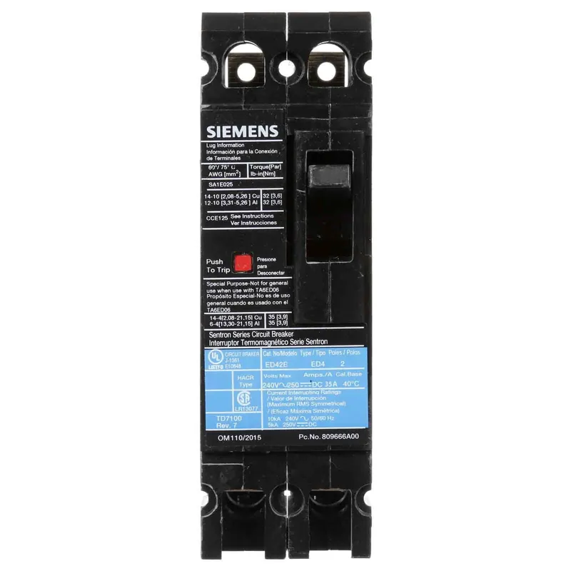 Siemens ED42B060 Breaker, Molded Case, ED 2P 60A 480VAC 18KA LD Lug