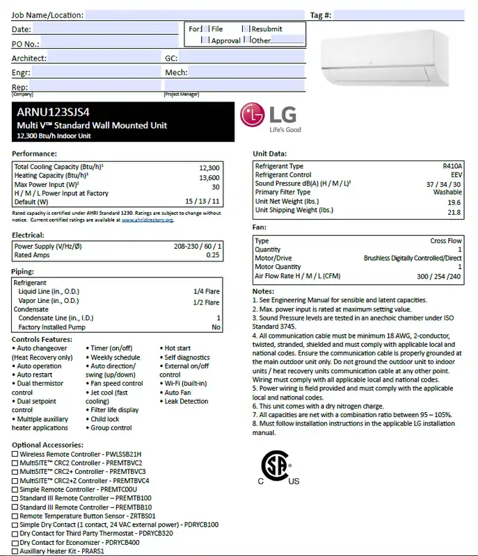 Lg ARNU123SJA4 Multi V Standard Wall Mounted Unit 12,300 Btu/h replaces ARNU123SBR4, ARNU123SBL4, ARNU123SEL2