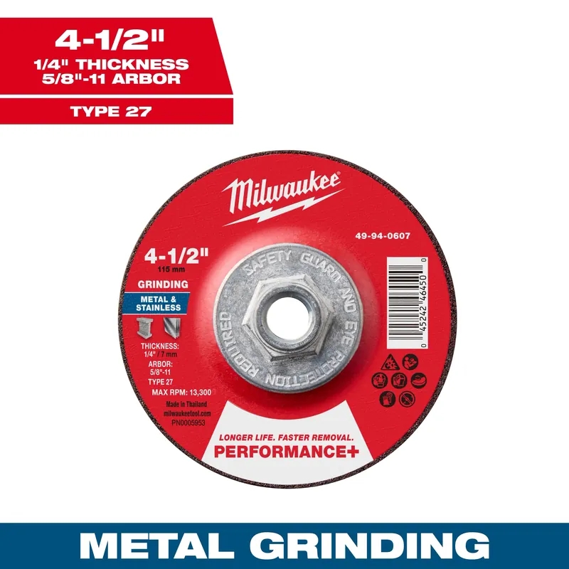 Milwaukee 49-94-0607 Performance+ Metal Grinding Wheel 4-1/2 inches x 1/4 inches x 5/8 inches-11 Type 27
