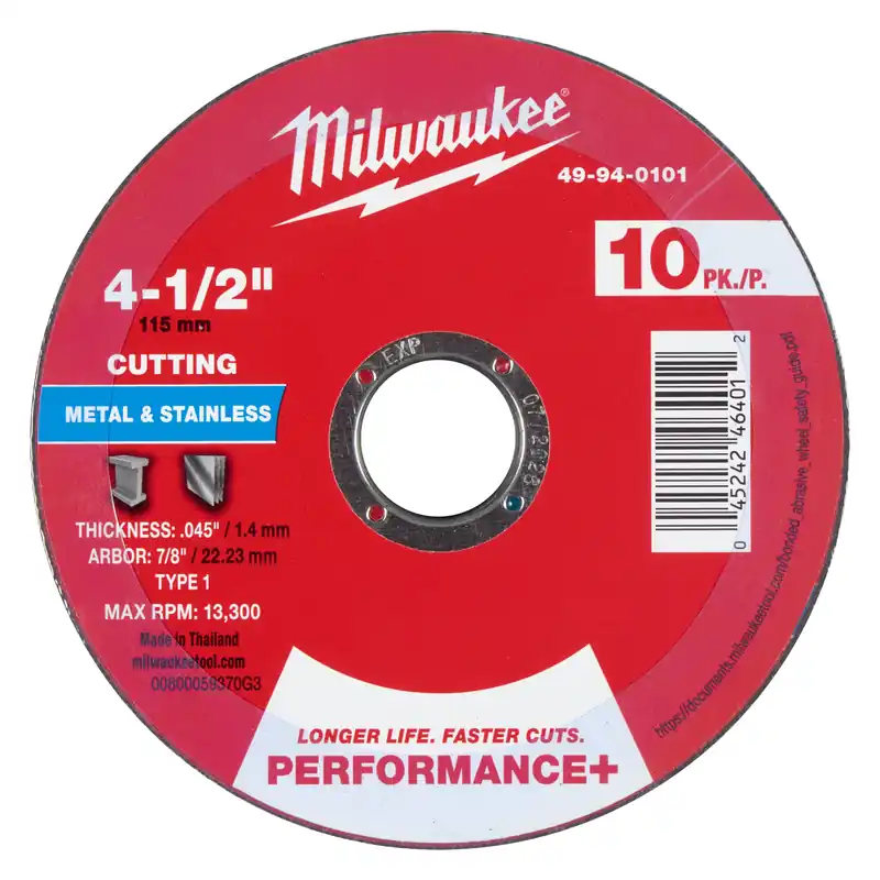 Milwaukee 49-94-0101 4-1/2 inches x .045 inches x 7/8 inches Performance+ Metal Cut Off Wheel - Type 1 - 10pk
