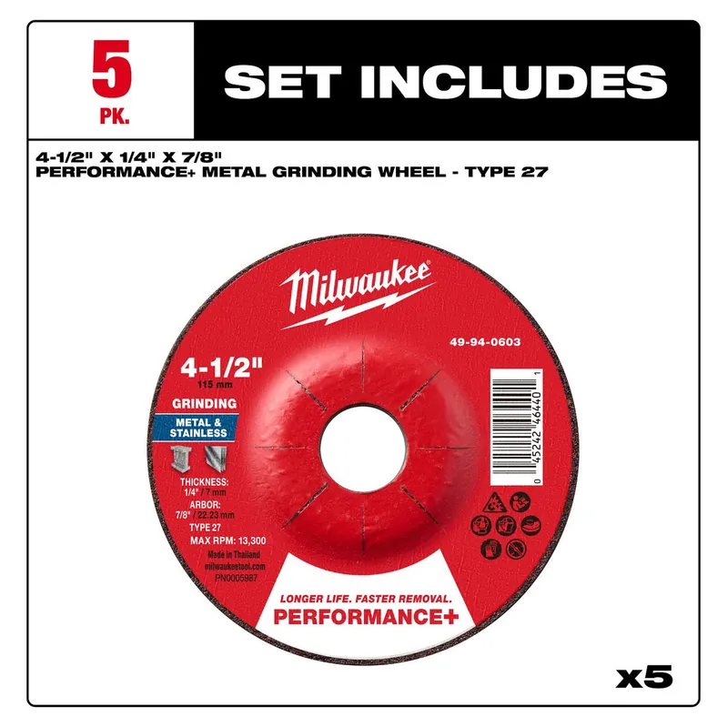 Milwaukee 49-94-0601 4-1/2 in x 1/4 in x 7/8 in Performance Plus Metal Grinding Wheel Type 27 (5 Pack)