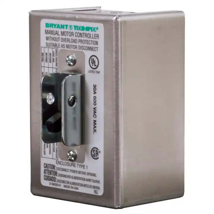 Bryant 30102D Switches and Lighting Controls, Industrial Grade, Toggle Switches, Motor Disconnects, Double Pole, 30A 600V AC With NEMA 1 Enclosure
