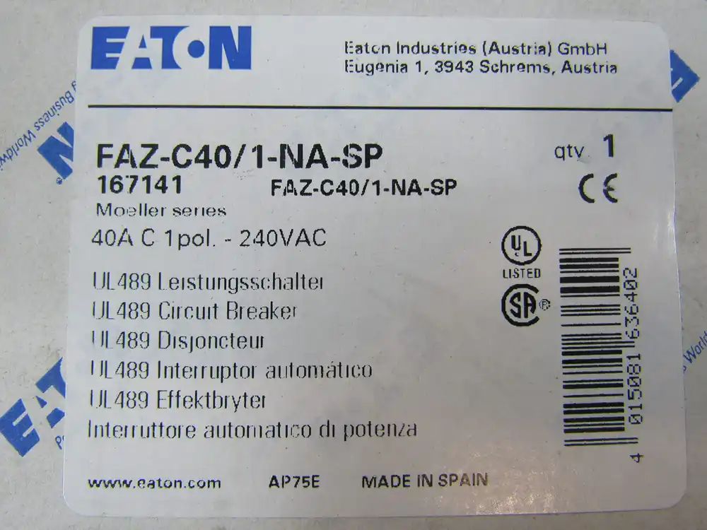 Eaton FAZ-C40/1-NA-SP FAZ 40A, 1P, 240V AC, 48V DC, C-Curve, UL489