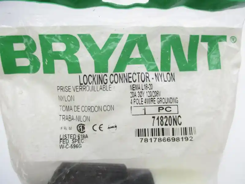Bryant 71820NC Tech Spec Electrical Connector Body 20A 3-Phase Wye 120/208V AC L18-20R