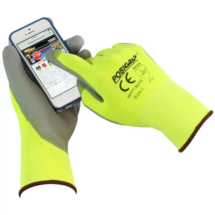 Pip HVY713SUTS/L G-Tek PosiGrip Hi-Vis Seamless Knit Polyester Blend Glove with Polyurethane Coated Flat Grip on Palm & Fingers - Touchscreen