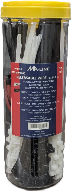 Ma-Line MA-RWT-400 Assorted Sizes Releasable Wire Ties 400PC
