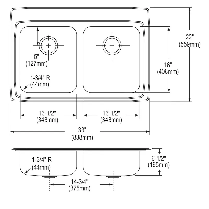 Elkay LRAD332265MR2 Lustertone SS Equal 2 Bowl Top Mnt Sink 33 inches x 22 inches x 6.5 inches