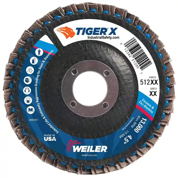 Weiler 51200 Tiger X Flap Disc, Ceramic and Zirconia Alumina, Angled, Phenolic Backing, 36 Grit, 4-1/2 inches, 7/8 inches Arbor Hole (Pack of 10)
