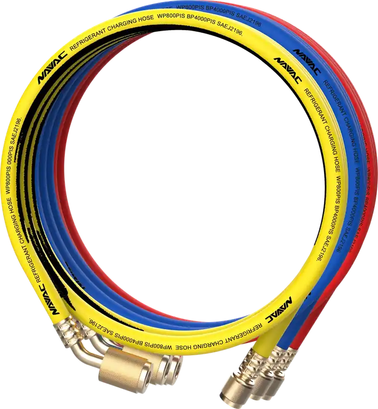 Navac NH5SLL 1/4 inches 45-Degree Low Loss Refrigerant Hose Set - Red, Blue, and Yellow (5 feet)