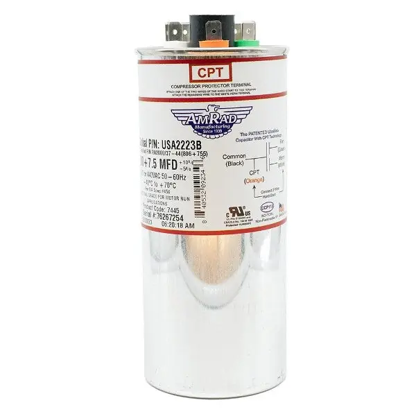 American Radionic USA2223B Oval Run Capacitor 80 + 7.5 uf MFD 370 / 440 Volt