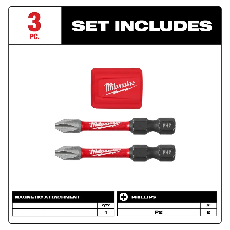 Milwaukee 48-32-4550 Shockwave Impact Duty Magnetic Attachment and PH2 Bit Set - 3PC