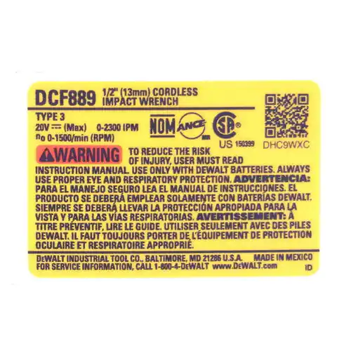 Dewalt n583711 Rating Label DCF889 Impact Wrench