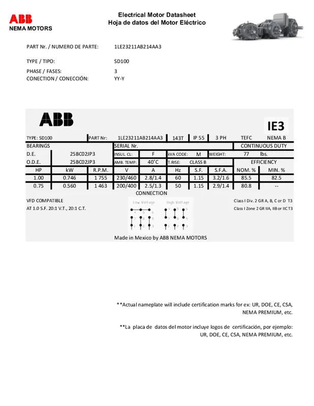 Abb 1LE23211AB214AA3 Motor, 1 HP, 1800 RPM