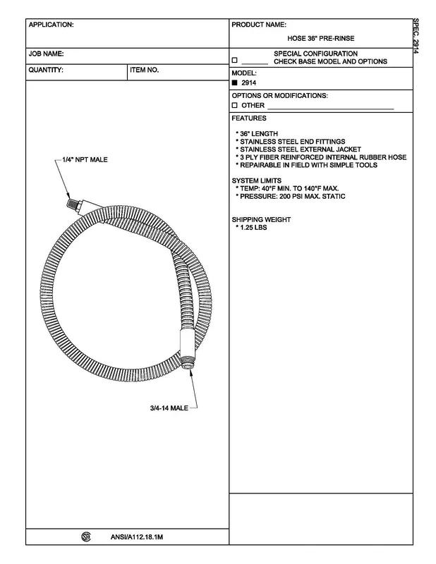 Fisher 2914 Pre-Rinse Hose 36 inches